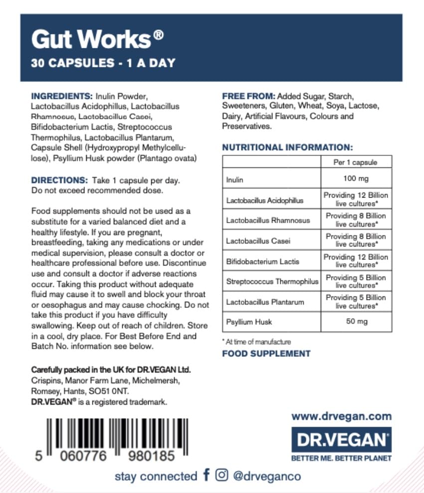 DR.VEGAN Gut Works® | 50bn Live Cultures | Pre & Probiotic | 30 Vegan Friendly Capsules | One-A-Day | 6 clinically studied strains