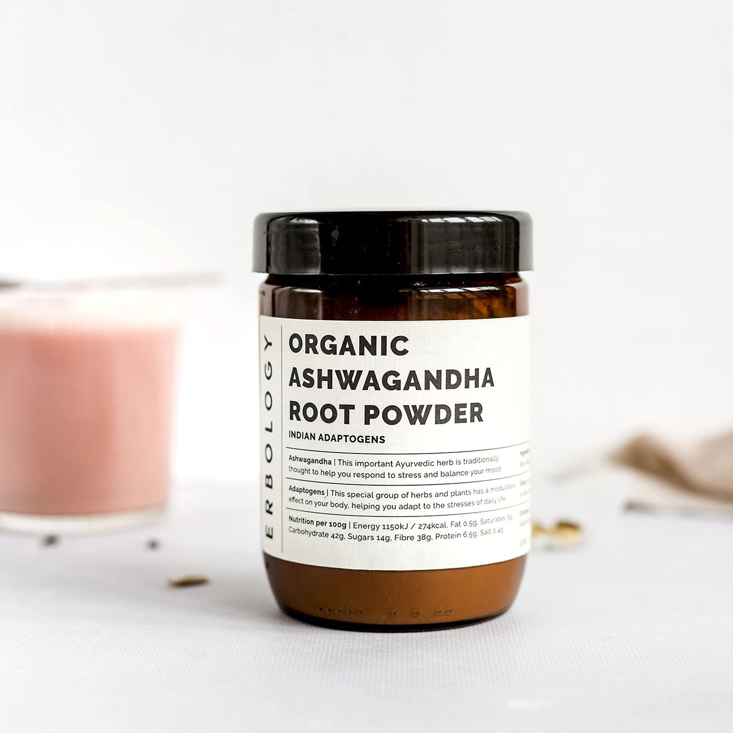 Erbology 100% Organic Ashwagandha Powder 220g - Sleep Aid - Straight from Farm - Raw, Vegan and Gluten-Free - Non-GMO - No Additives or Preservatives - Recyclable Glass Jar