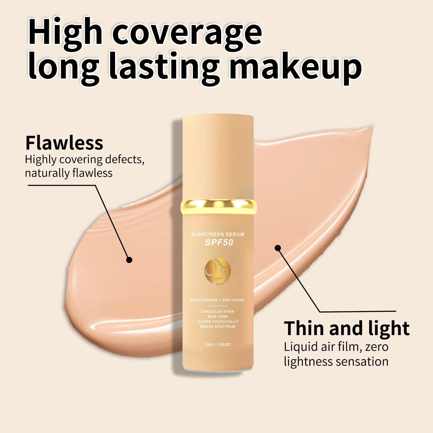 Eveloveu 4-in-1 Color Changing Foundation Serum - Concealer, Moisturizer, SPF50 Sunscreen, Liquid Hyaluronic Acid - Full Coverage Skincare for Moisturizing - 24Hr Hydration - 30ml (1pc)