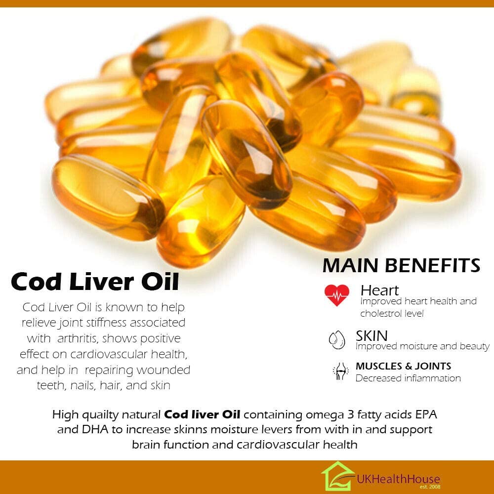 Premium - Cod Liver Oil Capsules - 1000mg x 60 - High Strength - Omega-3 Fatty Acids Vitamin A & D - EPA and DHA