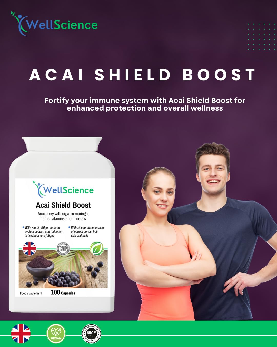 Wellscience Acai Shield Boost - Immune Support, Energy Booster & Antioxidant Protection with Acai Berry, Organic Moringa, Vitamins B6, Zinc & Biotin | Promotes Healthy Skin, Hair & Nails