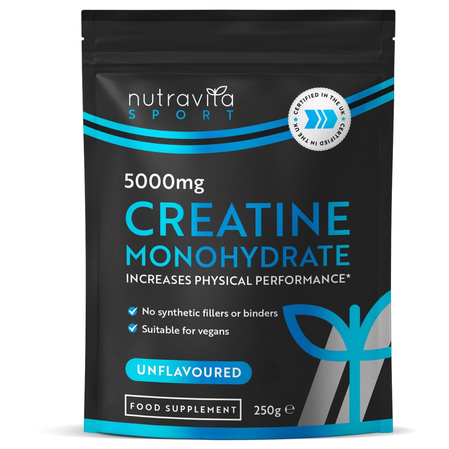 Creatine Monohydrate Powder 5000mg - Micronised for Easy Mixing - For Recovery and Performance - Men and Women Exercise Supplement - 50 Servings - Unflavoured 250g Powder - Made in The UK by Nutravita
