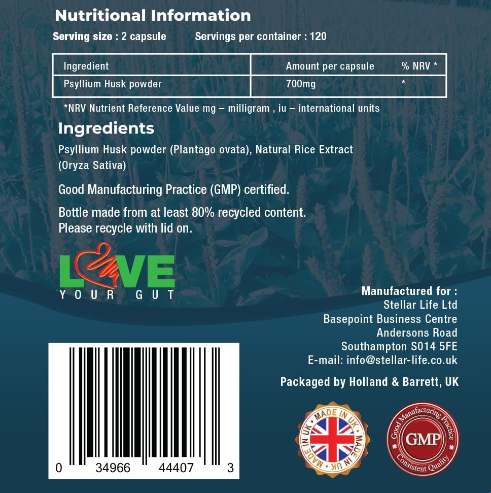 Stellar Life 240 X Psyllium Husks Fibre Supplement – 1400mg per Serving – Naturally High in Soluble Fibre – High Strength Vegan Capsules – 4 Months Supply – Made in The UK