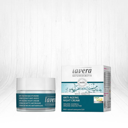 lavera basis sensitiv Anti-Aging Night Cream Q10 - with organic Jojoba-Oil & Shea Butter - Moisture & Care - Cream nourishes & tightens the skin - natural cosmetics - face cream - vegan - organic (1 x 50 ml)