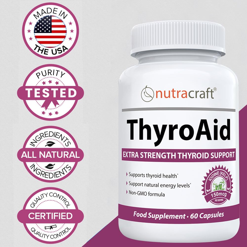 ThyroAid #1 Thyroid Support Supplement | Premium Thyroid Formula & Energy Support with Kelp, Iodine, Ashwagandha, Selenium, B12, Copper & More | 60 Capsules (Non-GMO)