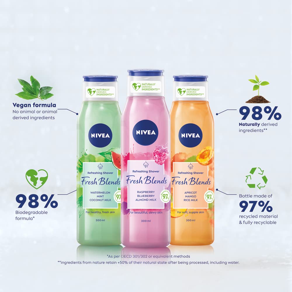 NIVEA Fresh Blends Raspberry Shower Gel (300ml), Raspberry-Scented Women's Shower Gel, Vegan Shower Gel Made with Natural Raspberry and Blueberry Juice, and Almond Milk