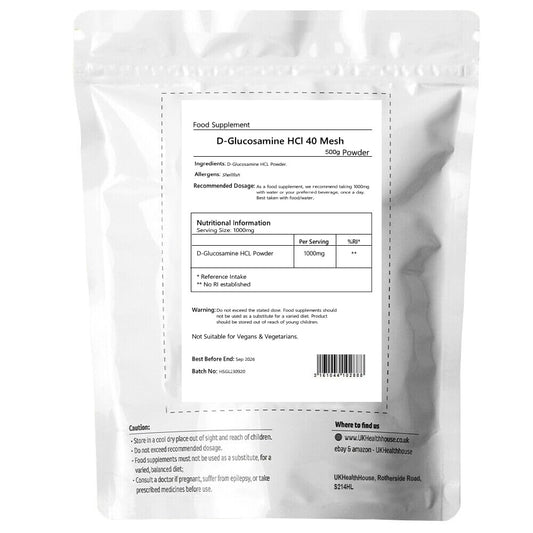 UKHealthHouse Glucosamine Hydrochloride Powder Joint and Cartillage Support Extra Strength 40 Mesh D-Glucosamine HCL Powder Glucosamine HCL Supplement (500g)