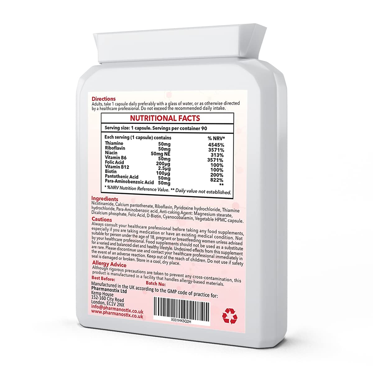 Vitamin B Complex B-50 90 Capsules (V) (not Tablets) High Potency Vegan B-Complex with PABA. Made in The UK- Pharmanostix