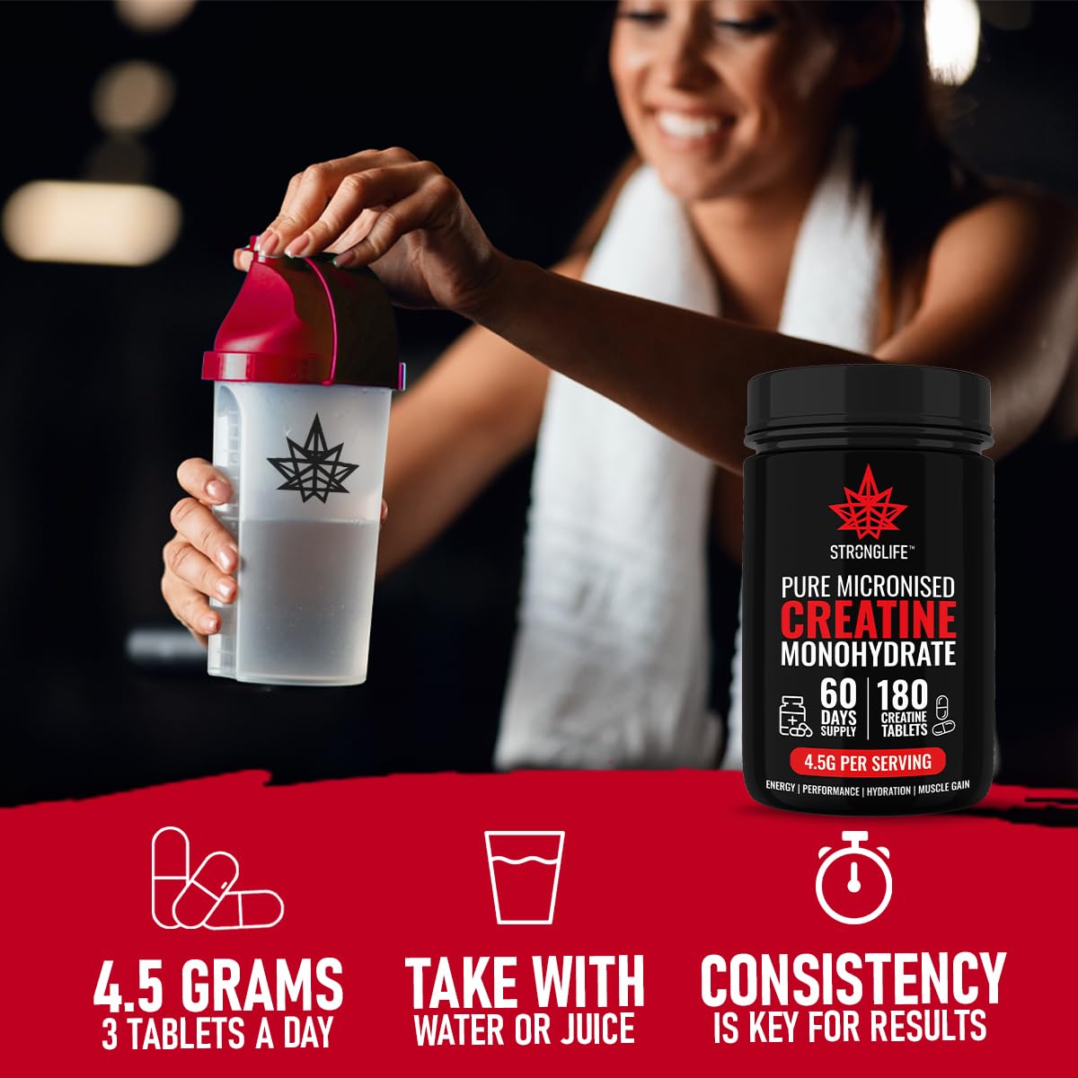 Stronglife Creatine Tablets - 180 Tablets, 4500mg Daily Serving, 1500mg per Tablet, 60-Day Supply, Monohydrate Micronised for Optimal Absorption, Boosts Muscle Growth, Performance, Energy & Hydration