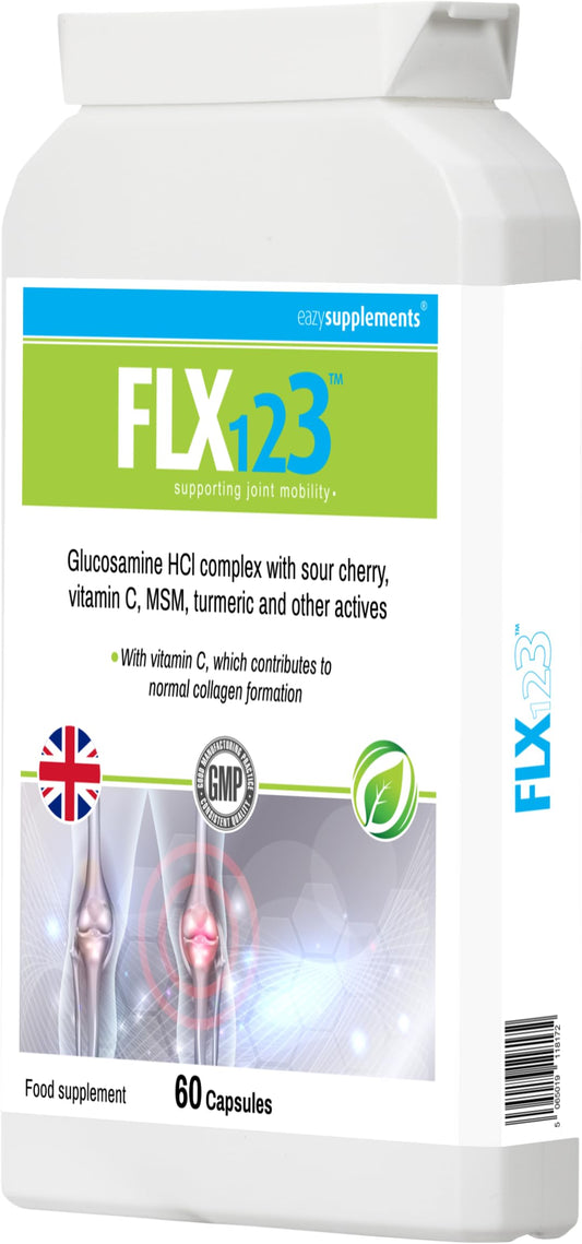 FLX123 FLX 123 - Vitamin C, Turmeric, Glucosamine, Ginseng, Rosehip, Ginger Root, Montmorency Cherry. Super Strength Formulation Helps to Maintain Joint Health, Mobility and Hydration. Turmeric Tablets.