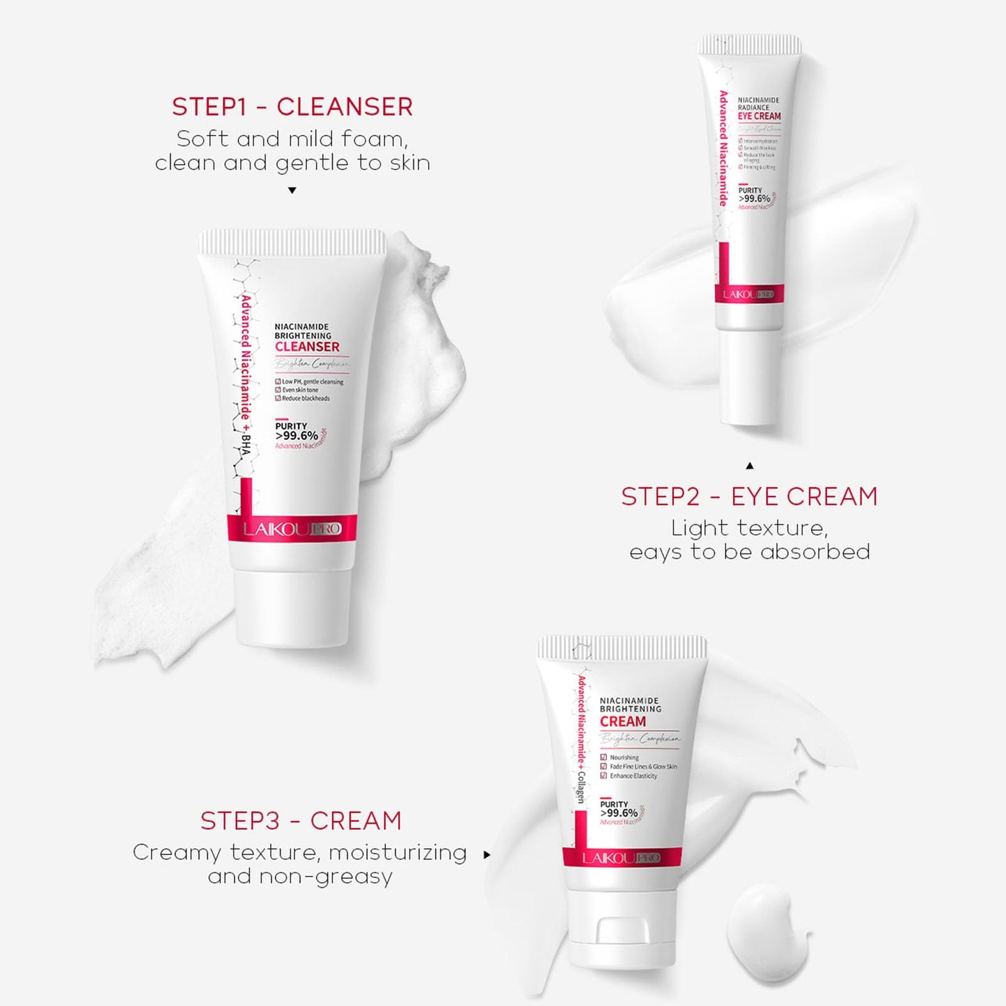 Grospe Niacinamide Skincare Set with Cleanser & Eye Cream & Face Cream Highly Concentrated and Pure Niacinamide Brightening Moisturising Delay Skin Aging Even Skin Tone 3-Piece Travel Size Skincare Set