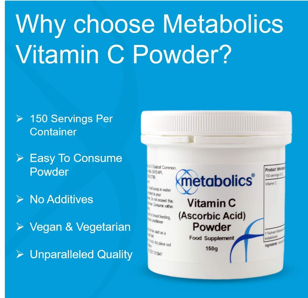 Vitamin C Powder by Metabolics | 1000mg Vitamin C Per Serving Providing 1250% NRV | Pot of 150g Providing 150 Servings Suitable for Vegans & Vegetarians- No Additives or Flowing Agents