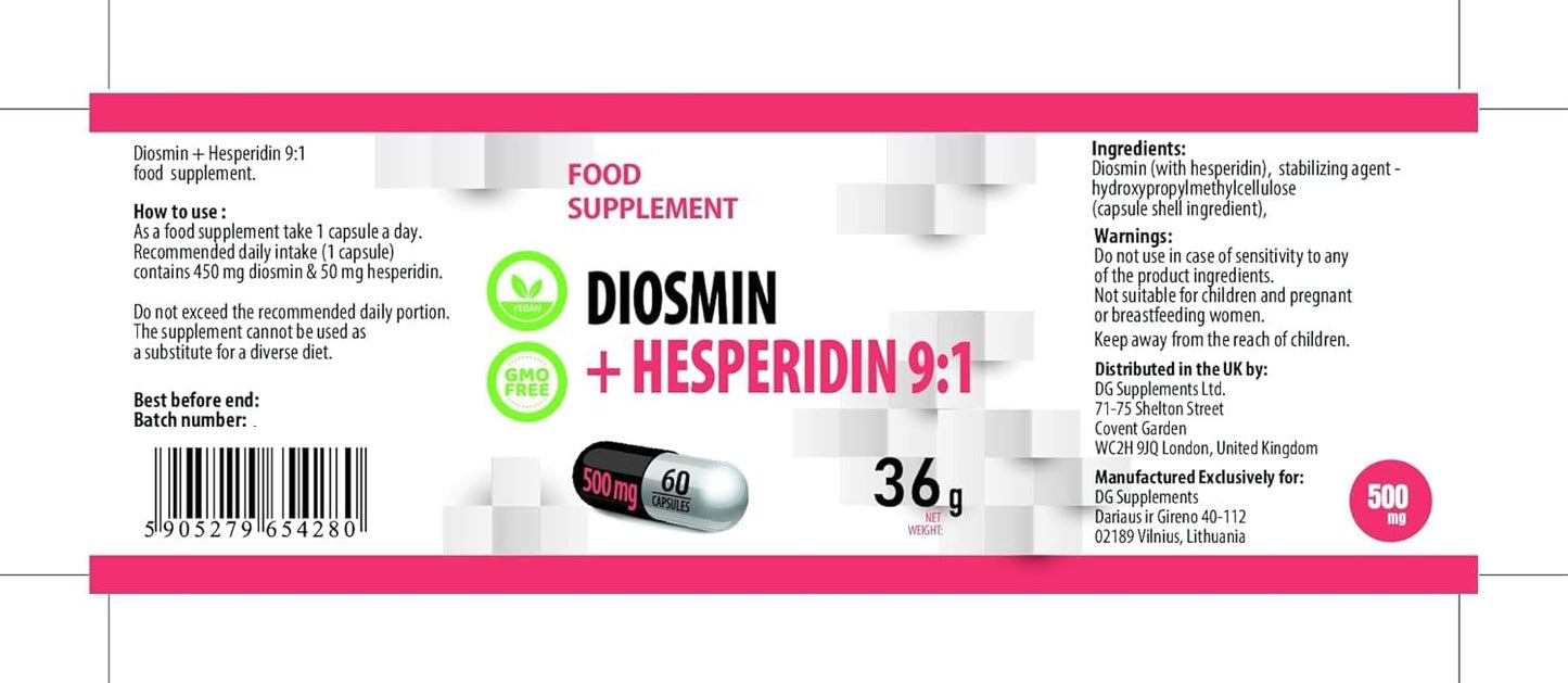 Hepatica Diosmin & Hesperidin 500mg | Diosmin 450mg & Hesperidin 50mg | Bioflavonoid Complex | 60 Vegan Capsules | 2-Month Supply | 3rd Party Lab Tested
