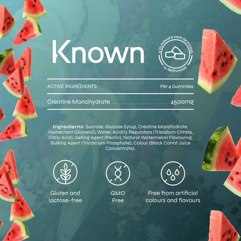 Known Vegan Creatine Gummies – 4500mg Creatine Monohydrate – Watermelon Flavour – 60 Gummies 15 Days Supply – Third-Party Tested – Vegan Friendly
