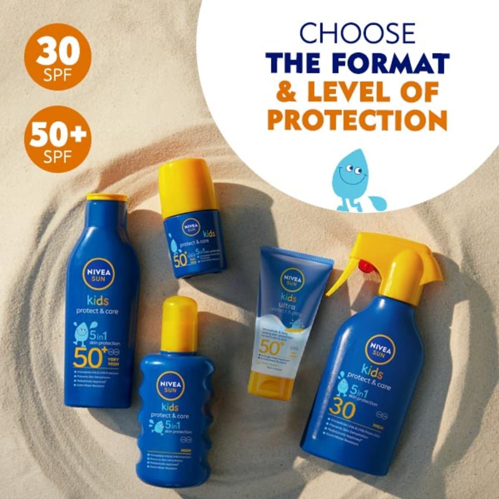 NIVEA SUN Kids Swim & Play // Ultra Protect & Play SPF 50+ Lotion (150ml), Water-Resistant Sunscreen, Effective UVB and 5 Star UVA Protection, Sun Cream Enriched with Dexpanthenol, Designs May Vary