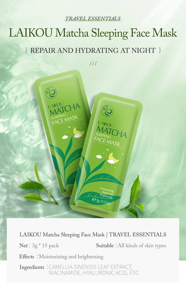 Matcha Tea Sleeping Face Mask Cream, 15 Pack x 3g, Moisturising and Repairing Night Treatment, Green Tea