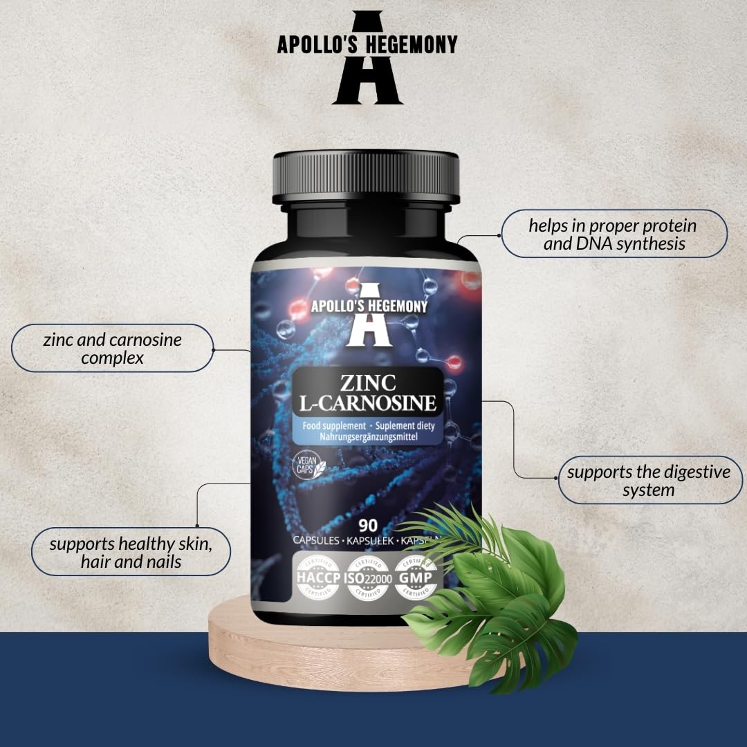Zinc L-Carnosine 37.5 mg per Capsule - 90 Vegan Capsules - 3 Months Supply - for Skin, Hair & Nail Health - Supplement by Apollo's Hegemony
