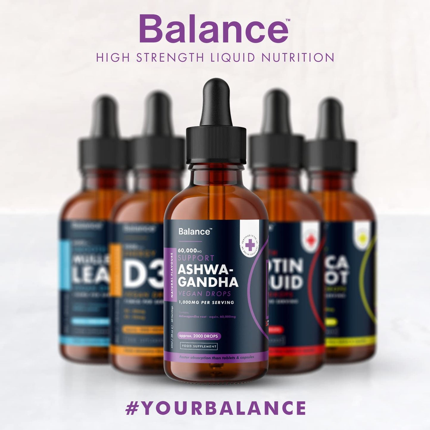 Ashwagandha Supplement Liquid Drops - High Strength of 60,000mg per 60ml Bottle at 4X Concentration - Vegan - 2 Month Supply of Premium Ashwagandha Extract - 60 Servings - Made in UK by Balance