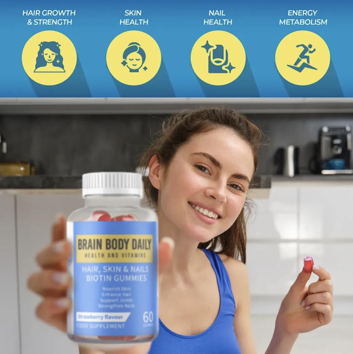 Brain Body Daily Hair, Skin and Nails Vitamin Gummies with Biotin, Vitamin C and E, Collagen - Biotin Gummies for Hair Growth 60 Gummies. Promotes Thicker Hair, Reduces Breakage, Stronger Nails and Glowing Skin.
