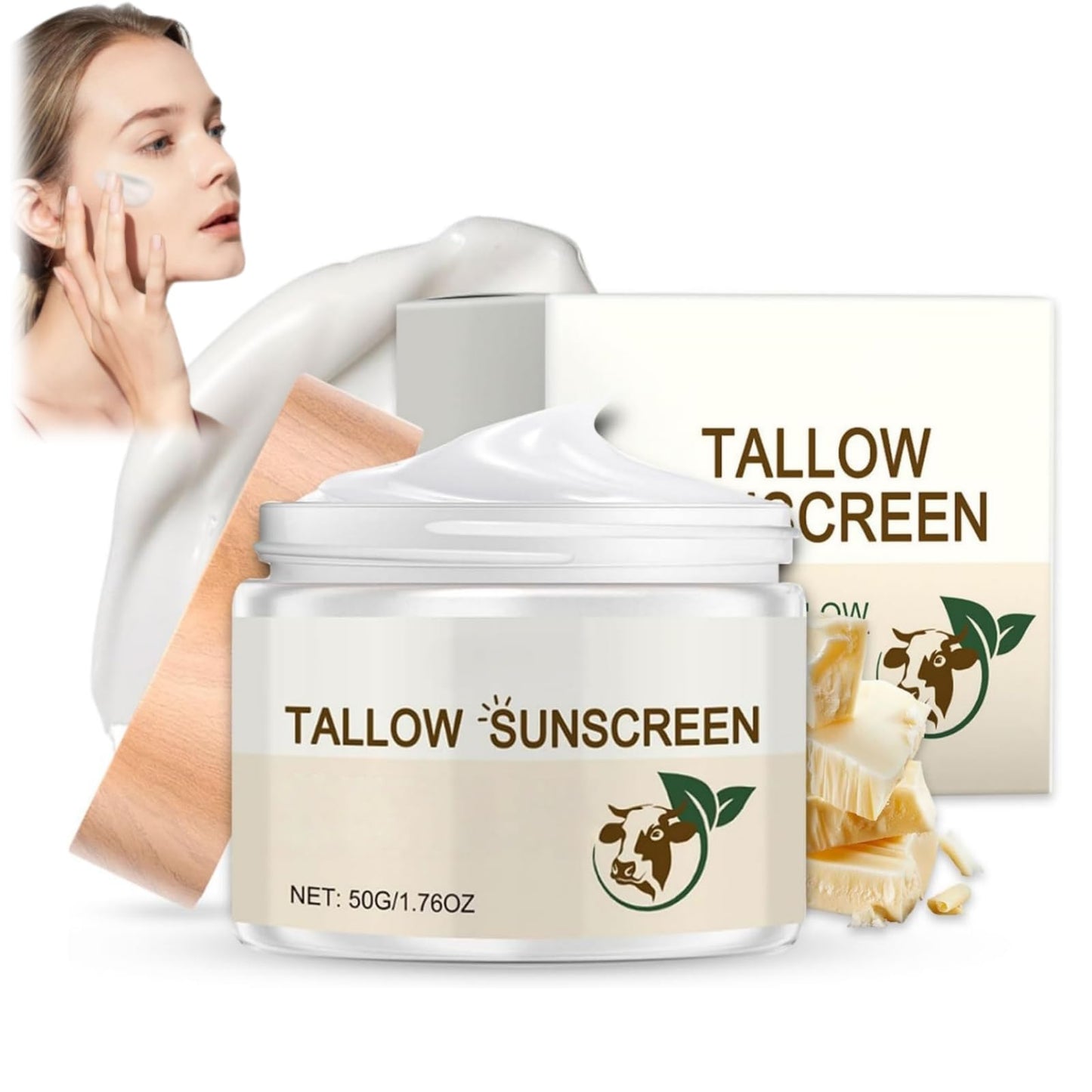 Yoowan Beef Tallow Sunscreen Spf 50,Beef Tallow Face Cream,Tall-Ow Sunscreen,Deeply Nourishing And Moisturizing,Rebuild The Natural Skin Barrier,Instant Sun Protection For Face & Body,Outdoor Daily Defence