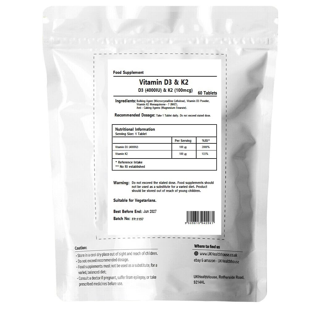 Vitamin D3 4000iu & K2 100ug (MK7) Vitamin D3 K2 Vegetarian Tablets Supports Normal Bones, Muscles, Teeth, Immune System Cholecalciferol Menaquinone-7 (60 tabs)