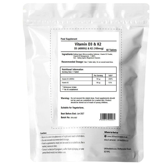 Vitamin D3 4000iu & K2 100ug (MK7) Vitamin D3 K2 Vegetarian Tablets Supports Normal Bones, Muscles, Teeth, Immune System Cholecalciferol Menaquinone-7 (60 tabs)