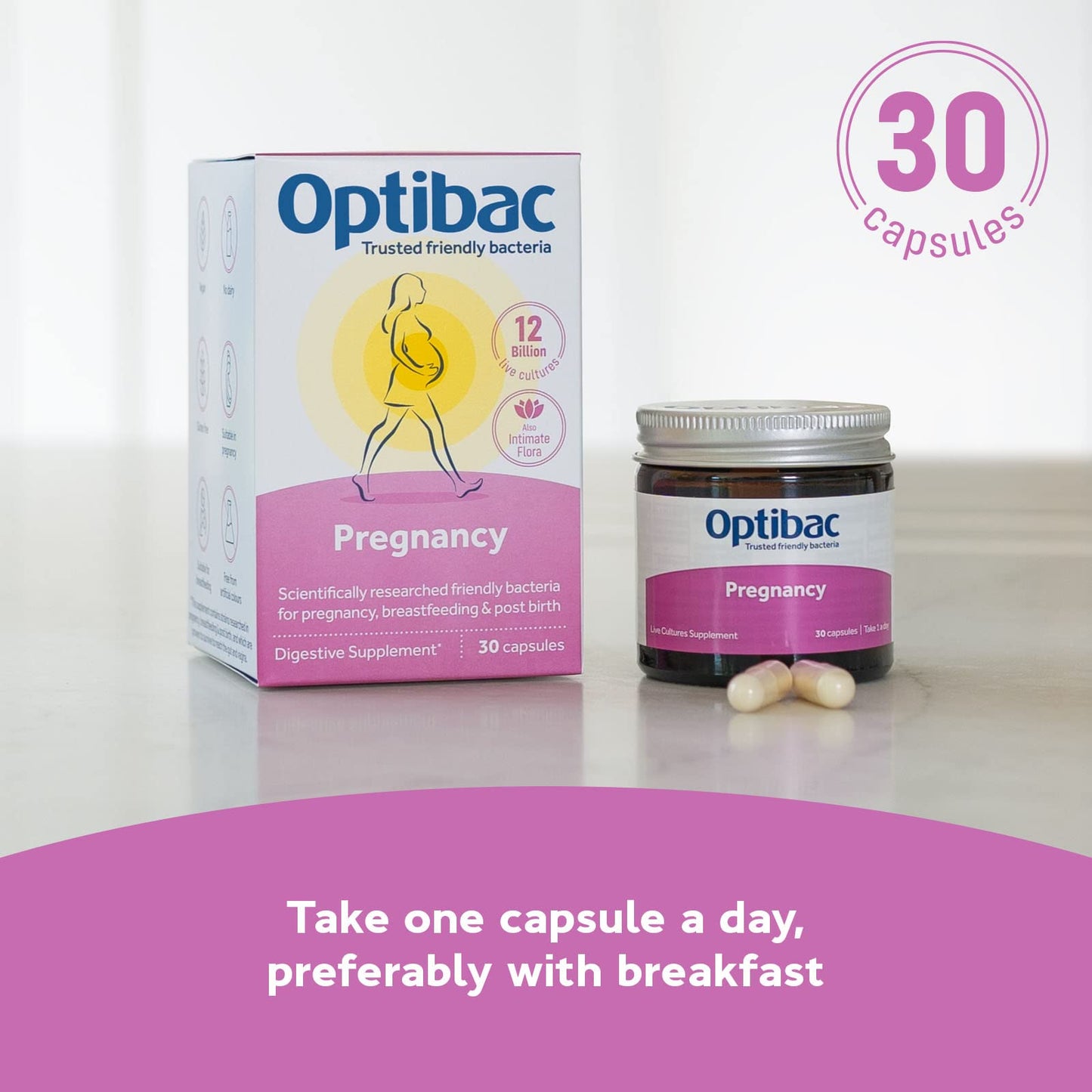 Optibac Probiotics Pregnancy - 12 Billion CFU & FOS Fibres, Vegan Probiotic Supplement for Pregnant & Breastfeeding Women, 30 Capsules