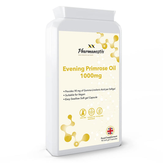 Evening Primrose Oil 1000mg 90 Vegan Softgel Capsules - Cold Pressed - High GLA Formulation with Vitamin E - No GMOs - UK Made by Pharmanostix