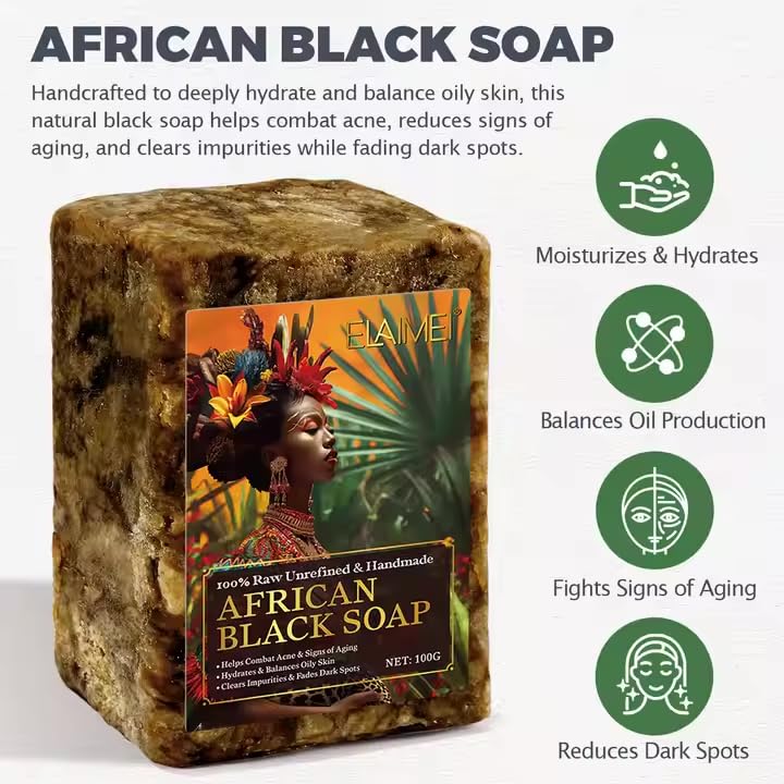 100% Natural African Black Soap | Skin Brightening & Black Spot Removal Unprocessed, Handmade, | Anti-Ageing, Acne Care, Deep Hydration & Moisturizer | Ethically Sourced for All Skin Types