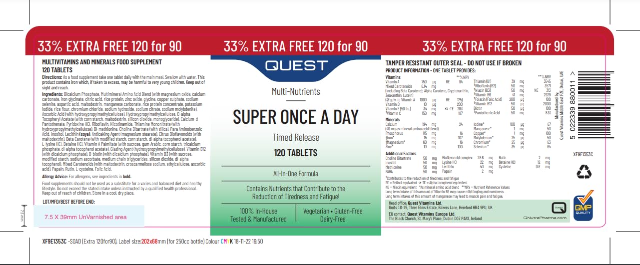 Quest Super Once A Day Multivitamin & Minerals Tablets. 17 Vitamins & 12 Minerals With Vitamin A, B, C, D, Iron & Zinc For Men & Women. For Optimal Health, Reduces Fatigue & Immunity (120 Tablets)
