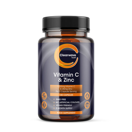 Clearwave Health Vitamin C and Zinc Capsules - Vitamin C 1200mg & Zinc 25mg- Vitamin C & Zinc for Maintenance of Normal Immune System - 180 Vegan Vitamin C & Zinc Capsules (not Tablets) - 2 per Daily Serving