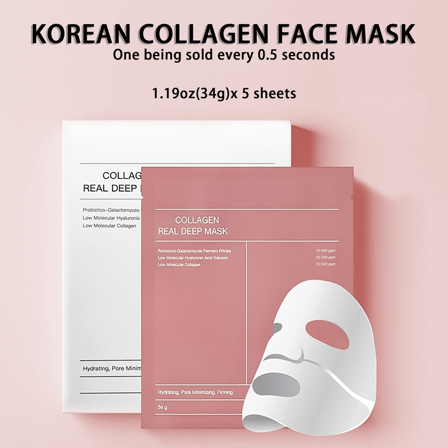 NatrLuxe Korean Collagen Face Mask - Hydrating Overnight Sheet Masks For Face Skincare - 5pcs Pack
