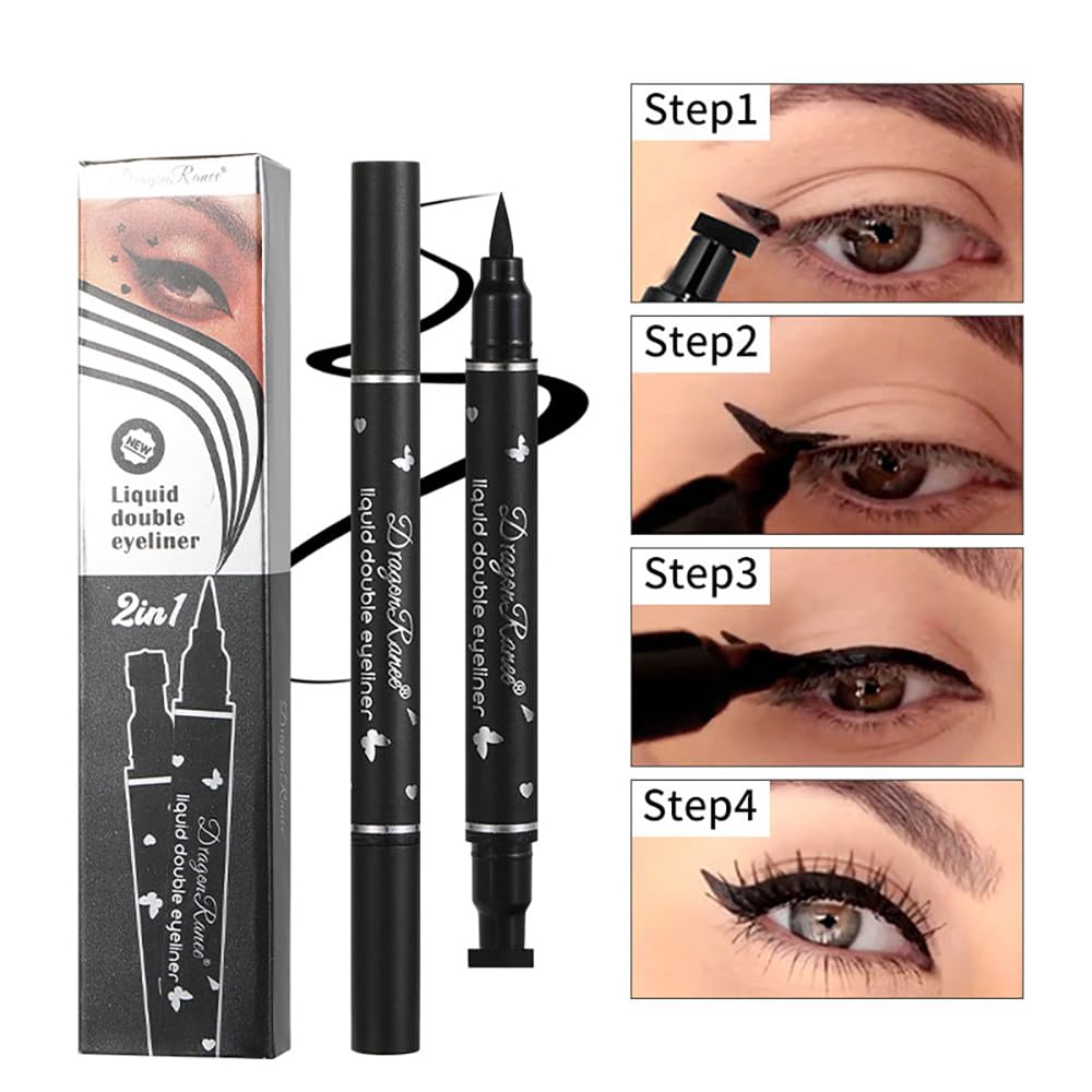 Dulele 5 PCS Black Liquid Eyeliner Stamp Pen Set, Double-Headed Waterproof Smudge-Proof Eyeliner Long Lasting Eyeliner Pen Tattoo Makeup Tool(Heart,Flower,Star,Butterfly,Triangle Seal Stamp)