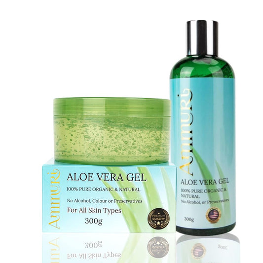 Ammuri Organic Aloe Vera Gel Set - 2 Pack: 300ml Bottle & Jar - 100% Pure Aloe for Skin & Hair Care - Non-Sticky & Fast Absorbing - Multi-Purpose Hydration