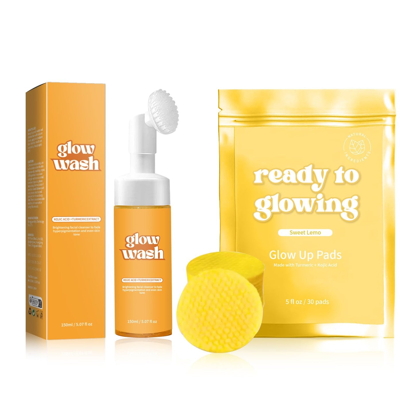 Brightening Face Wash, Turmeric Kojic Acid Foaming Facial Cleanser, Turmeric Face Wash with Brush