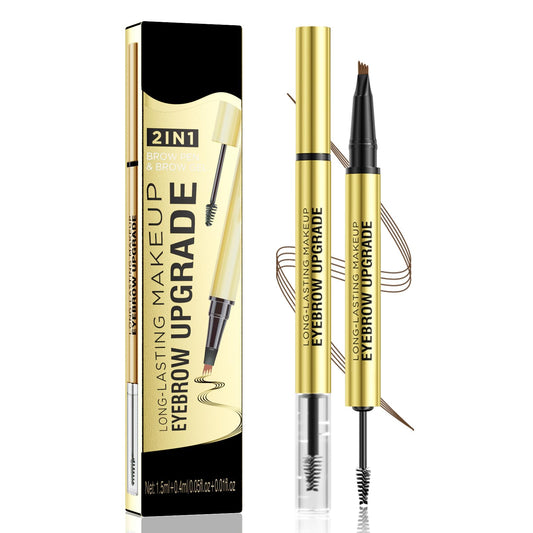 Weixinbuy 2-IN-1 Microblading Eyebrow Pen Long-lasting, Waterproof Eyebrow Pencil Dual-Ended with 4-Fork-Tip & Brow Brush & Clear Brow Gel, Fluffy & Defined Brows for Natural-Looking (2# Brown)