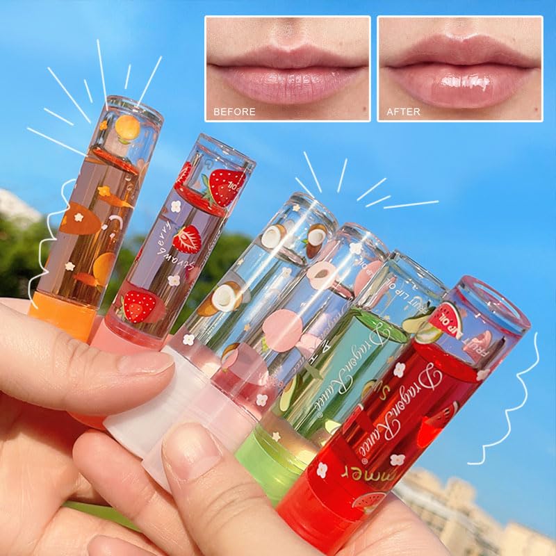 Dulele 6 Pcs Hydrating Fruit-Flavored Lip Oil Set, Long Lasting Transparent Moisturizing No-Sticky Plumping Lip Gloss, Colorless Lip Care Kit(Peaches, Orange, Avocado, Strawberry, Watermelon, Coconut)