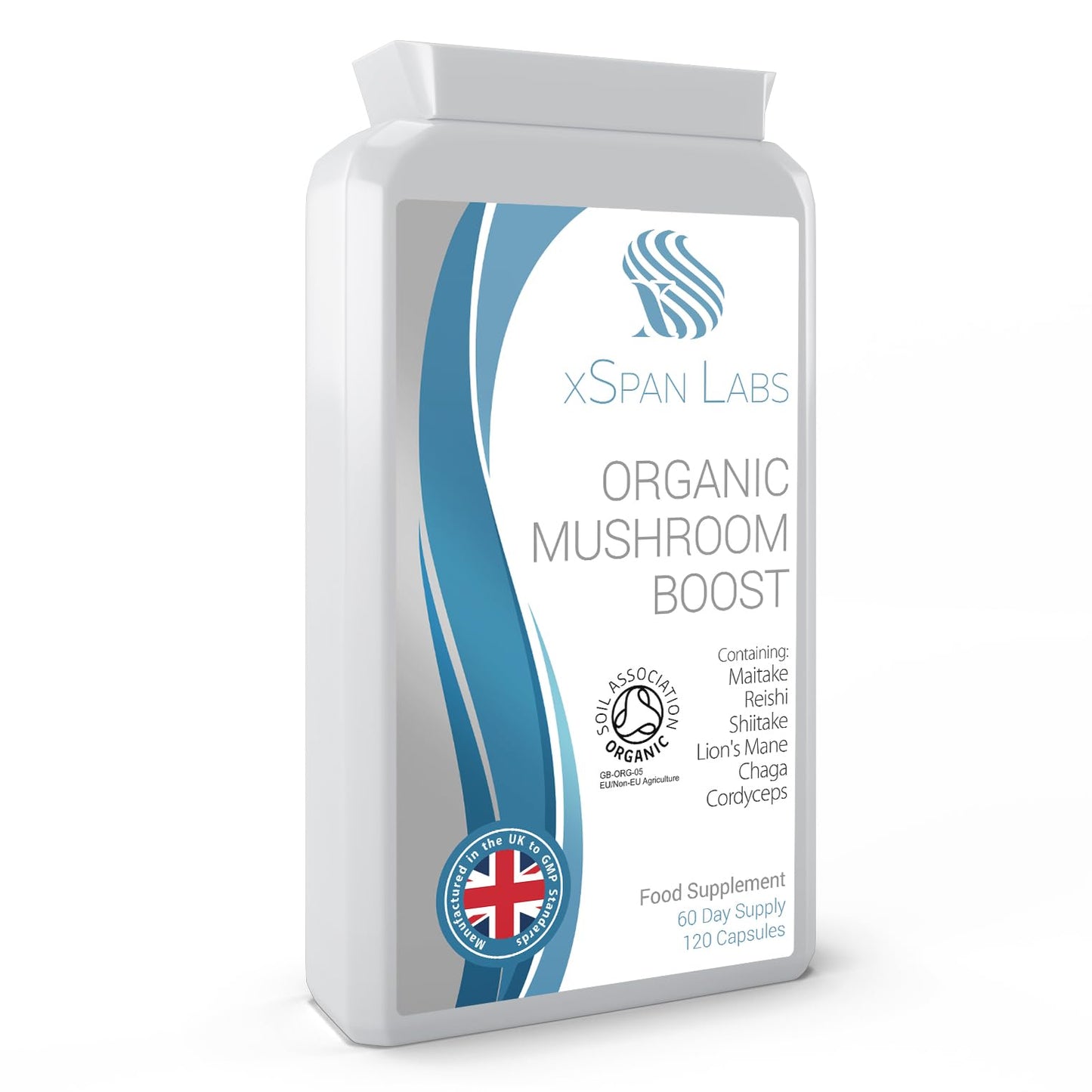Xspan Labs Organic Mushroom Boost -120 Capsules - Lion's Mane, Reishi, Chaga, Cordyceps, Shitake & Maitake - Added Turmeric & Acerola Fruit – High Strength Beta-Glucans