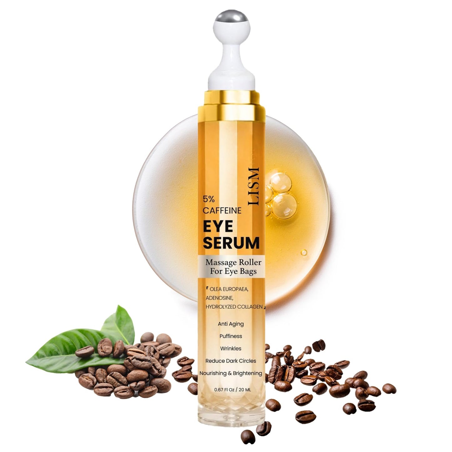 MADGININE Eye Cream for Dark Circles and Puffy Eyes Caffeine Eye Cream the Ordinary Caffeine Eye Serum Caffeine Eye Serum With 360° Massage Ball to Reduce Eye Bags Wrinkles and Fine Lines (20ml)