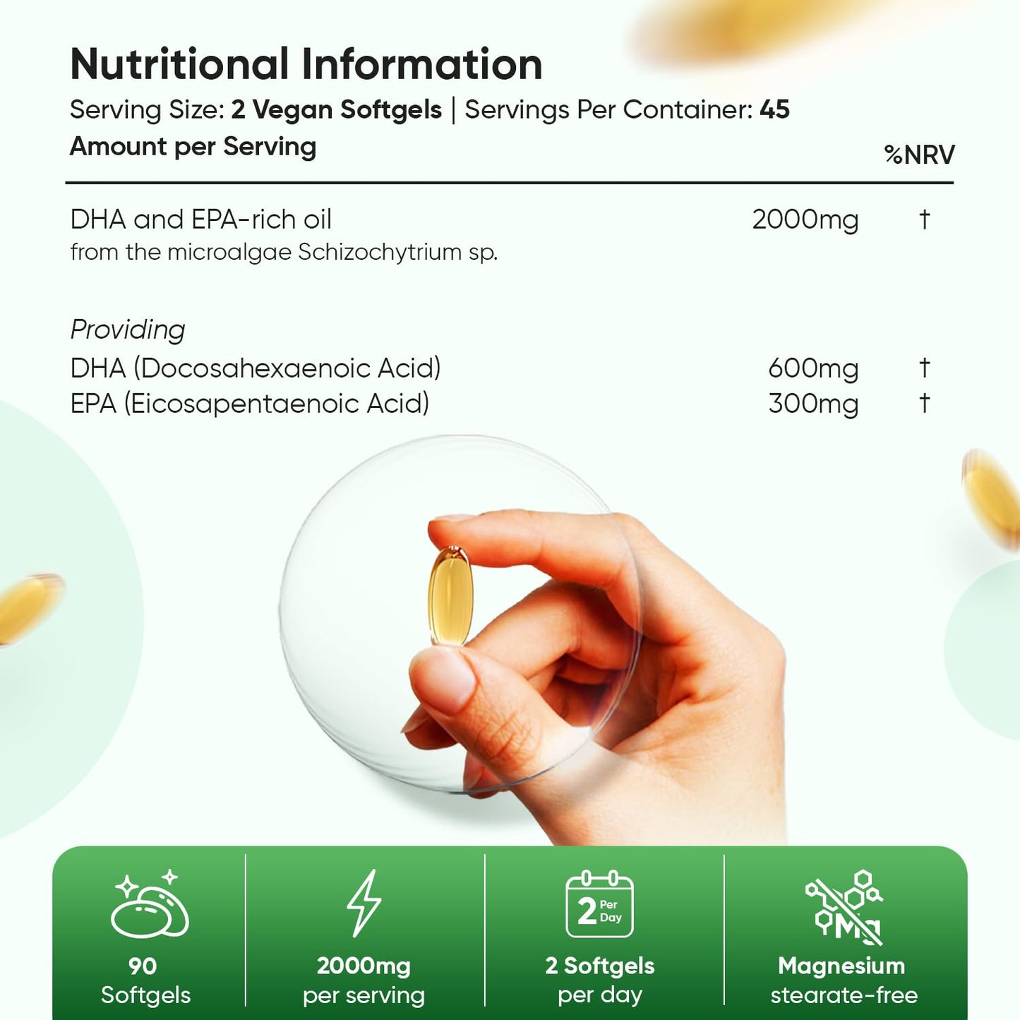 Vegan Omega 3 Capsules (Softgels) - 2000mg per Serving - 90 Softgels (45 Days Supply) - Algae Oil Omega 3 - Derived from Microalgae Schizochytrium - High Strength Omega-3 Nutritional Supplements