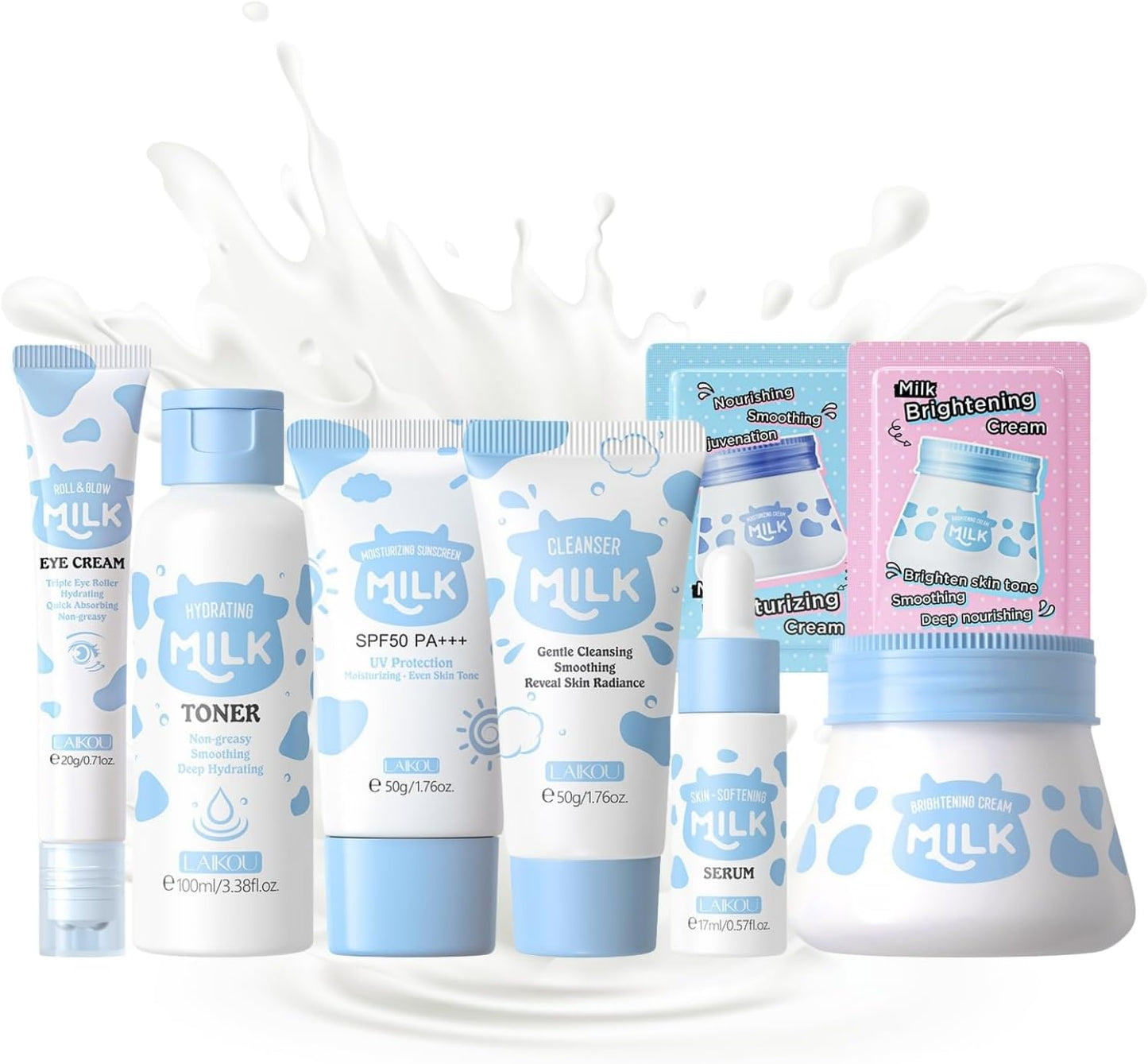 ISBEAUSOLS Milk Skin Care Sets & Kits - Skin Care Gift Set for Women - Gifts For Teenage Girls - Skincare Set Cleanser, Serum, Face Cream,Eye Cream,- Facial Kit for Moisturising (8pcs)