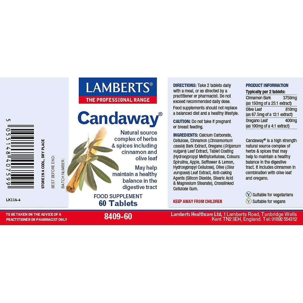 Lamberts Candaway Tablets – with Cinnamon, Olive Leaf & Fennel – Digestive Support & Gut Health – 60 Tablets
