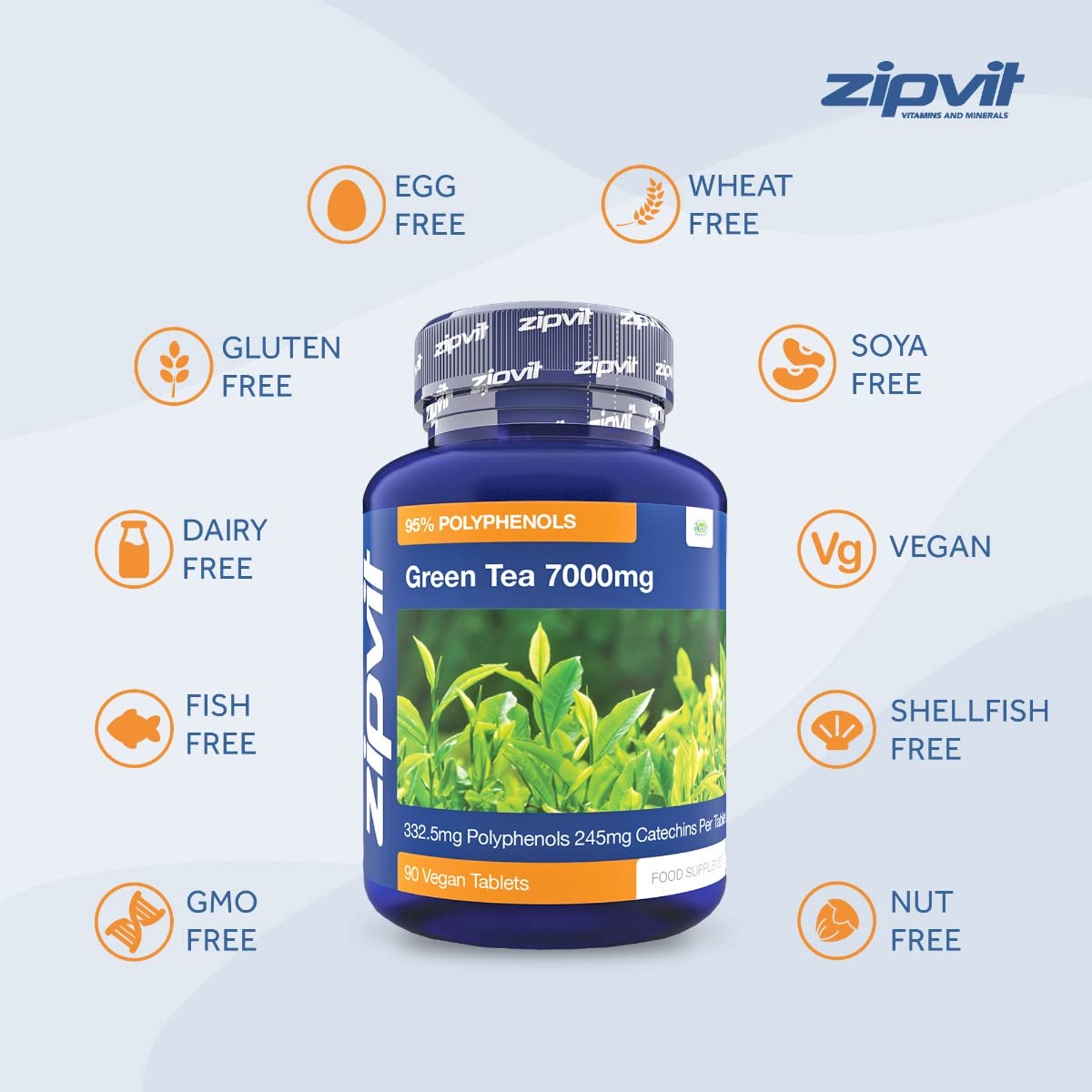 Zipvit Green Tea Extract 7000mg Antioxidant, 95% Polyphenols. 90 Vegan Green Tea Tablets. 3 Months Supply.