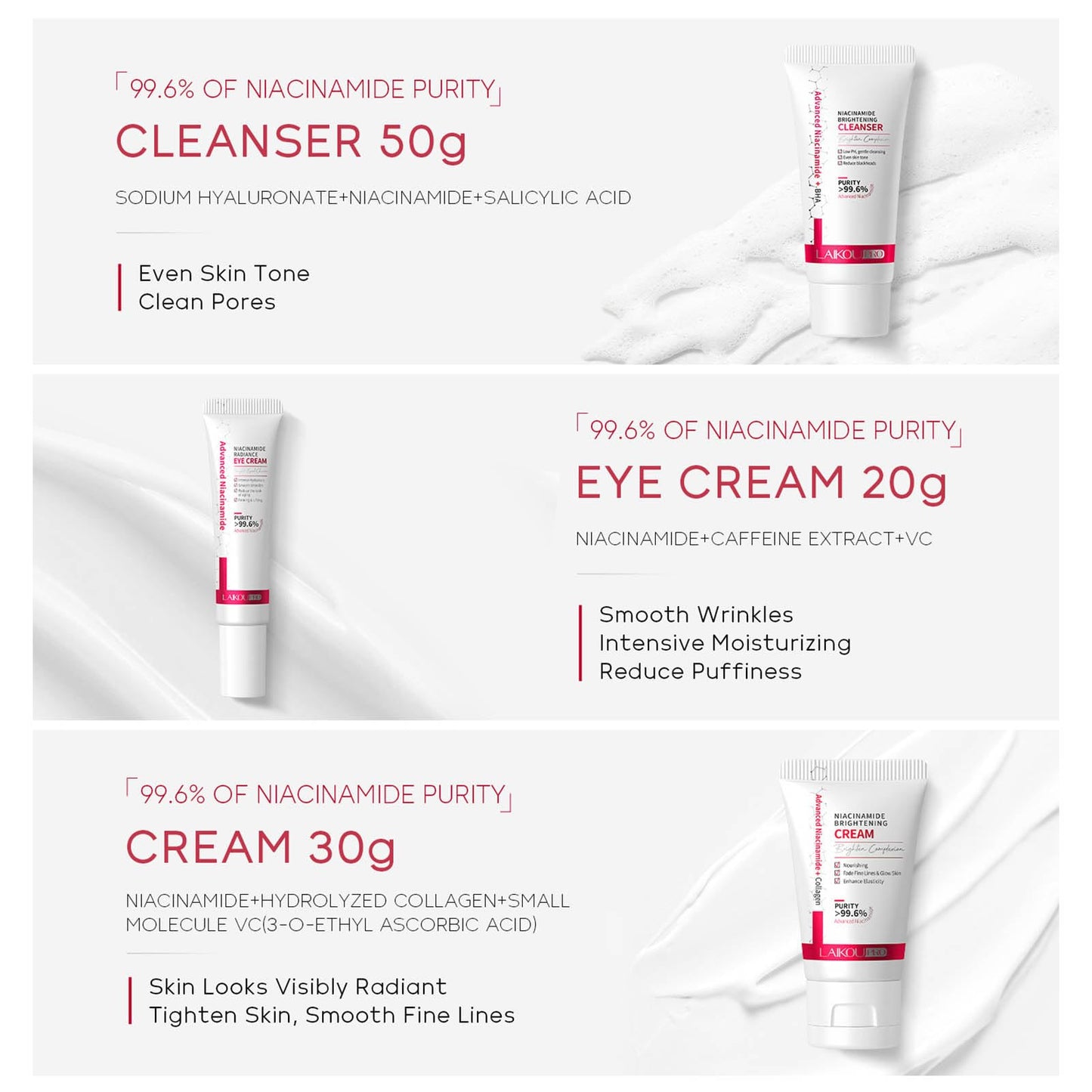 Grospe Niacinamide Skincare Set with Cleanser & Eye Cream & Face Cream Highly Concentrated and Pure Niacinamide Brightening Moisturising Delay Skin Aging Even Skin Tone 3-Piece Travel Size Skincare Set