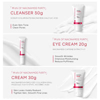 Grospe Niacinamide Skincare Set with Cleanser & Eye Cream & Face Cream Highly Concentrated and Pure Niacinamide Brightening Moisturising Delay Skin Aging Even Skin Tone 3-Piece Travel Size Skincare Set