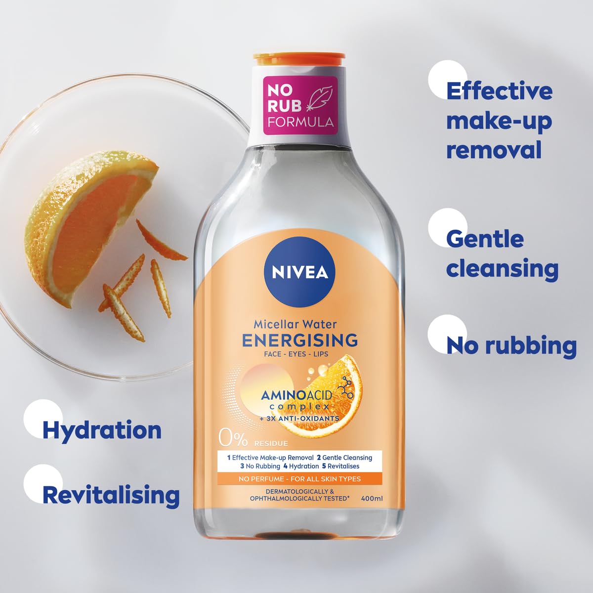 NIVEA Energy Micellar Water 3x Antioxidants, 3 in 1 Energising Micellar Cleansing Water, Vegan Make-Up Remover with Vitamins C and B3, Suitable for Sensitive Skin, 400 ml (Pack of 1)