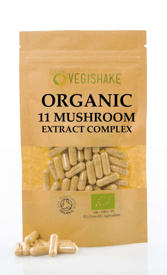 vegishake Organic 11 Mushroom 20:1 Extracts - Chaga Cordyceps Shiitake Reishi Lions Mane Maitake Poria Cocos T.T Oyster Zhu Ling Tremella Blends Complex