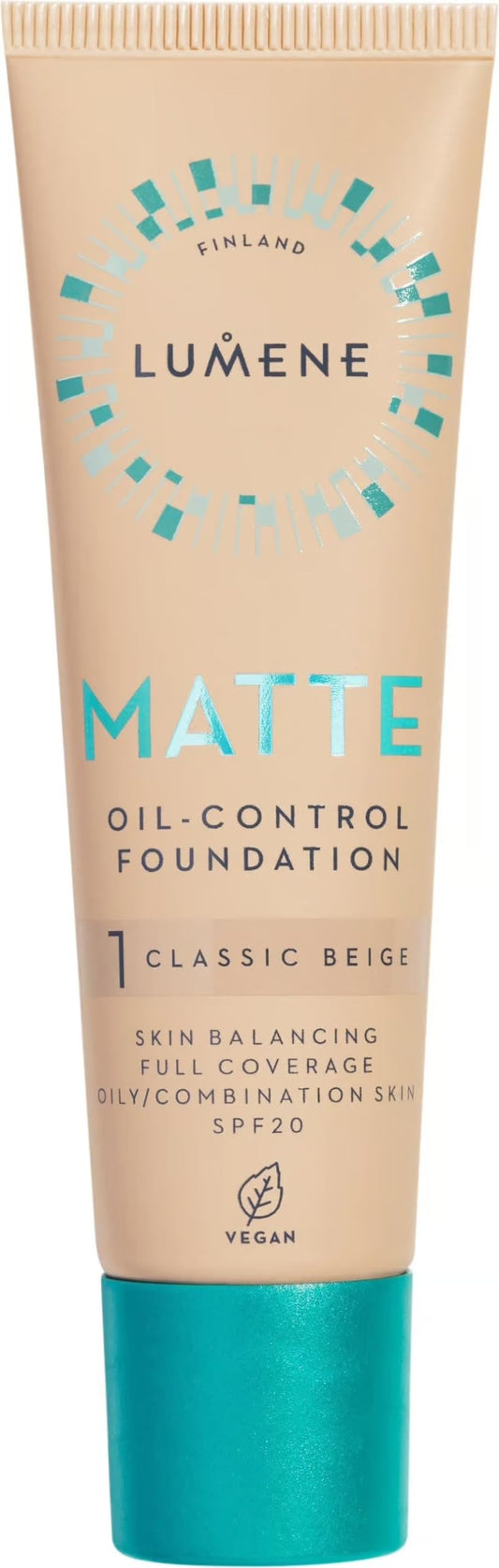 Lumene Matt Control Oil Free Foundation for Oily and Combination Skin Full Coverage with Arctic Cloudberry 30 ml / 1.0 Fl.Oz. (1 Classic Beige SPF20)