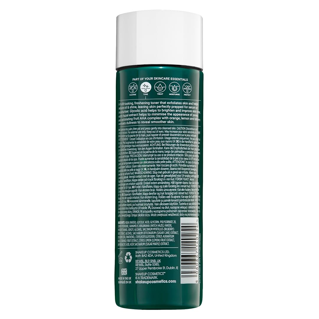 Shakeup Cosmetics Mens Face Toner - Glycolic Acid Exfoliating Toner for Men with Witch Hazel - Clarifying Skin Toner Reduces Pores, Oil and Ingrown Hairs, Fragrance Free, 200ml (Face 4ward)