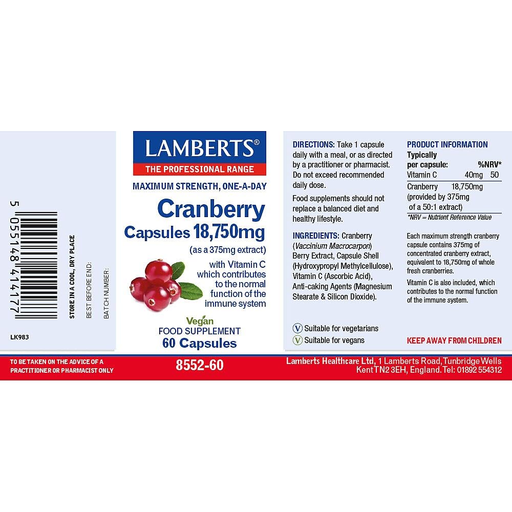 Lamberts Cranberry 18,750mg Capsules – High Strength Extract Equivalent – with Vitamin C for Immune Support – 60 Capsules